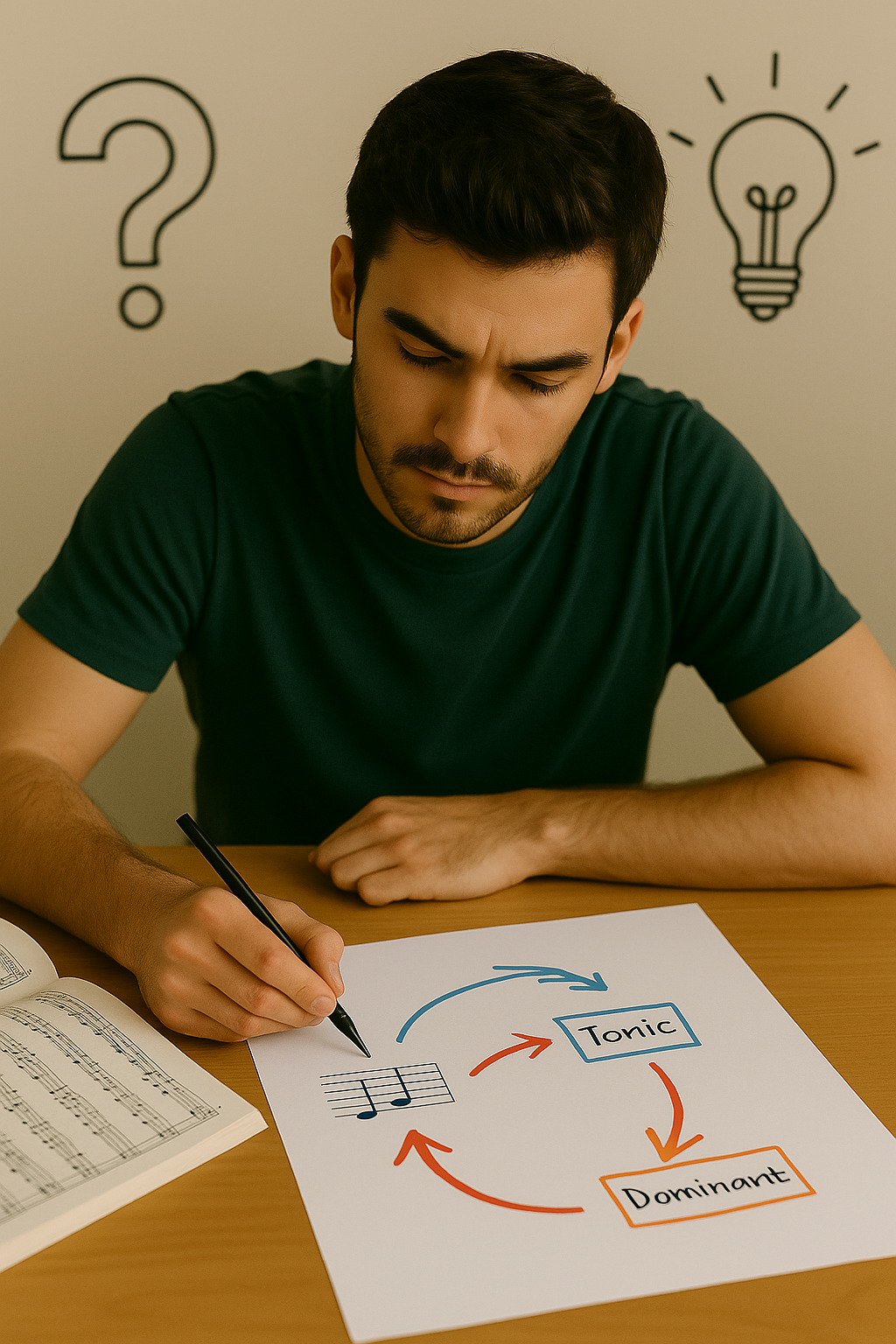 a male student's diagram showing arrows tracing the evolution of motifs to demonstrate directional learning in music study